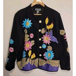 Vintage Indigo Moon Art To Wear Womens Jacket 1X Black Blazer Floral Embroidery‎